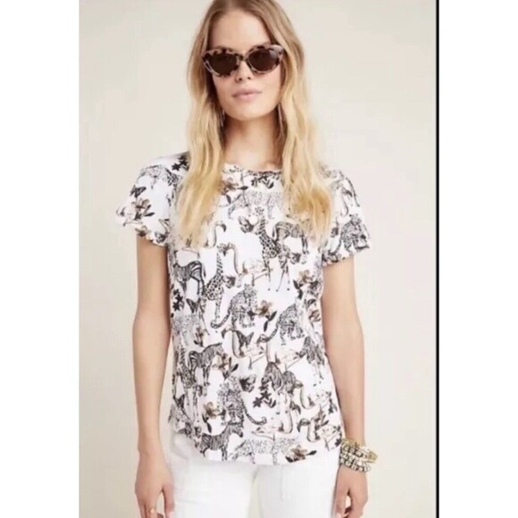 Anthropologie Padua Safari Tropical Print Top Animal Print Flamingos Zebras XS - Picture 1 of 9